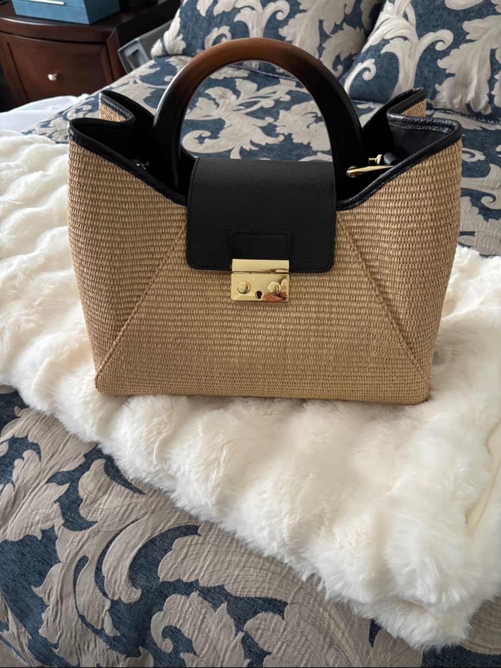 CLAUDIA FIRENZE ISADORA LARGE TAN RAFFIA BLACK LEATHER SATCHEL CROSSBODY